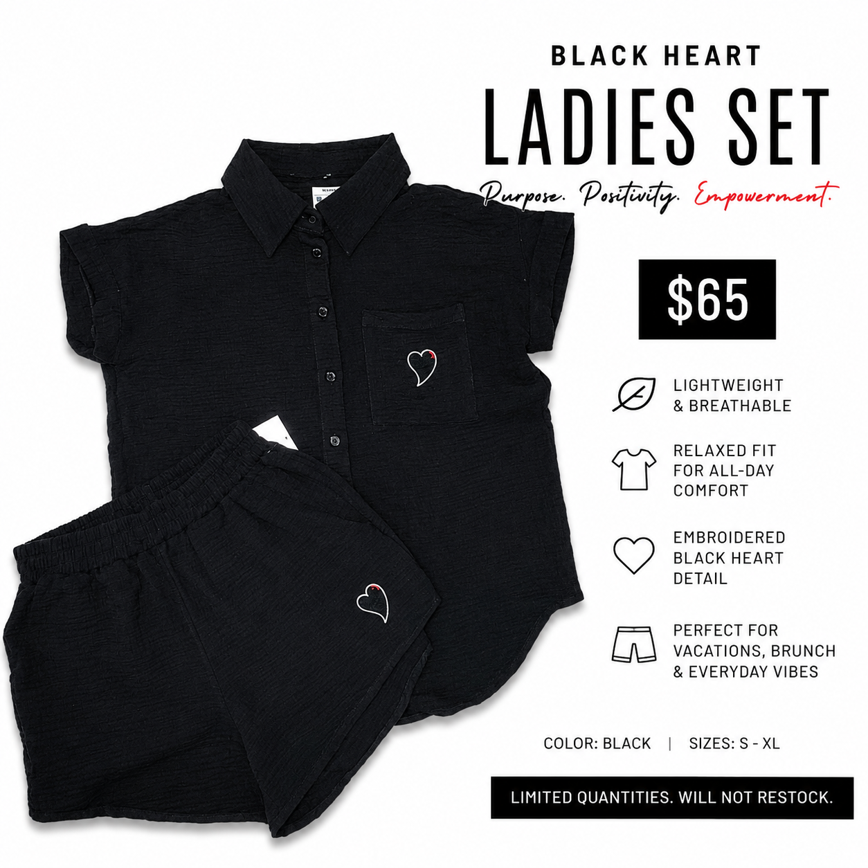 Black Heart Textured Ladies Set – Black